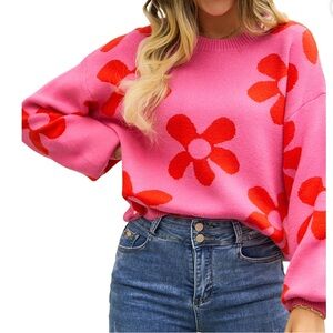 Boutique Red and Pink Floral Sweater